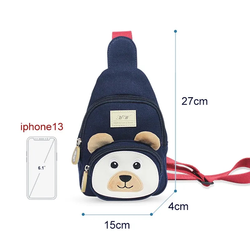 Bear Canvas Kids Crossbody Chest Bag — 12oz Cotton Casual Toddler Sling Pack, 3D Cartoon Animal Design