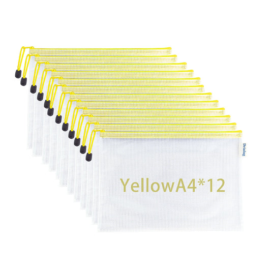 12-Pack Mesh Zipper Bags — A4 Letter Size, Yellow Color Set, Thickened Waterproof PVC Grid Document Pouches for School, Kids & Game Organization - Main View - Driulug supplier