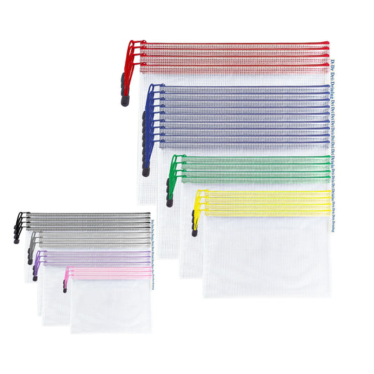 24-Pack Mesh Zipper Bags — A4 Letter Size, 8-Color Coded Set, Thickened Waterproof PVC Grid Document Pouches for Office, School, Travel & Craft Organization - Main View - Driulug supplier