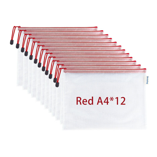 12-Pack Mesh Zipper Bags — A4 Letter Size, Red Color Set, Thickened Waterproof PVC Grid Document Pouches for Office, Craft & School Organization - Main View - Driulug supplier