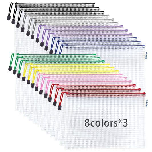 24-Pack Mesh Zipper Bags — A4 Letter Size, 8-Color Coded Set, Thickened Waterproof PVC Grid Document Pouches for Travel, Baby, Game & Home Organization - Main View - Driulug supplier