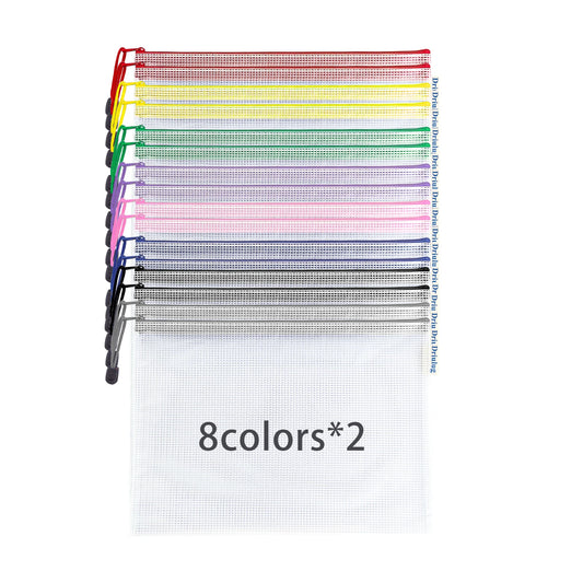 16-Pack Mesh Zipper Bags — A4 Letter Size, 8-Color Coded Set, Thickened Waterproof PVC Grid Document Pouches for Beauty, Travel, Snack & Home Organization - Main View - Driulug supplier
