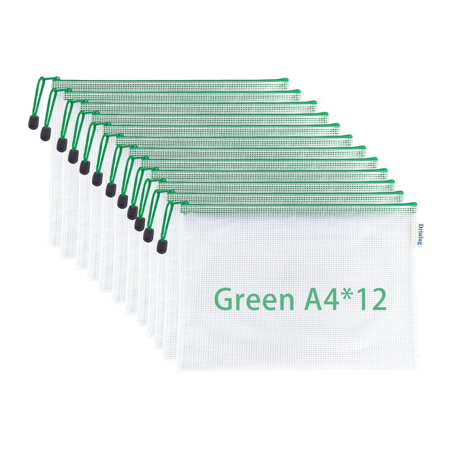 12-Pack Mesh Zipper Bags — A4 Letter Size, Green Color Set, Thickened Waterproof PVC Grid Document Pouches for Home, Travel & Everyday Use - Main View - Driulug supplier