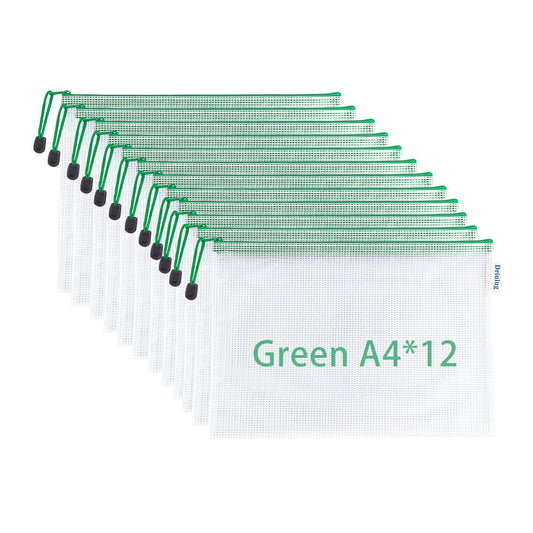 12-Pack Mesh Zipper Bags — A4 Letter Size, Green Color Set, Thickened Waterproof PVC Grid Document Pouches for Home, Travel & Everyday Use - Main View - Driulug supplier