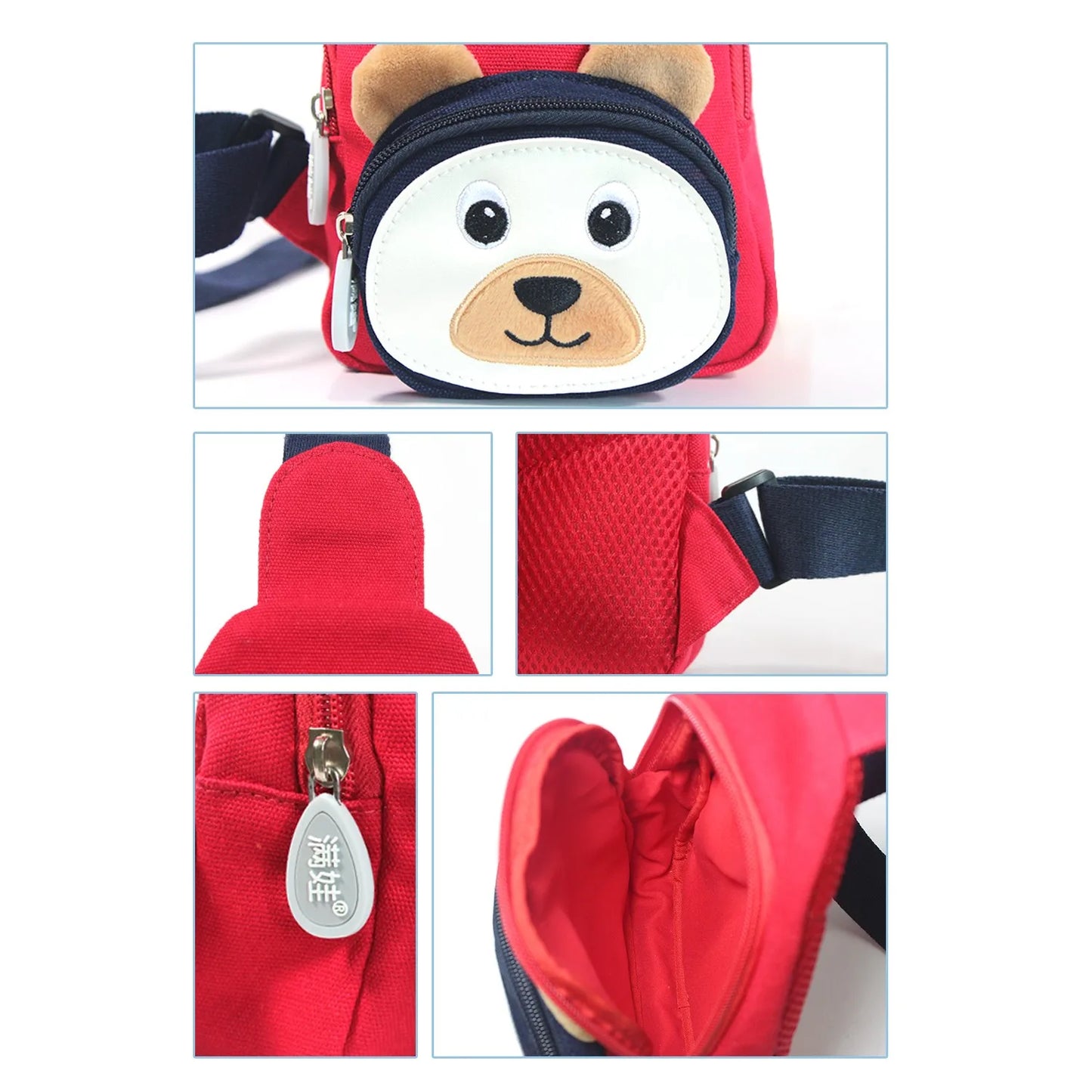 Bear Canvas Kids Crossbody Chest Bag — 12oz Cotton Casual Toddler Sling Pack, 3D Cartoon Animal Design