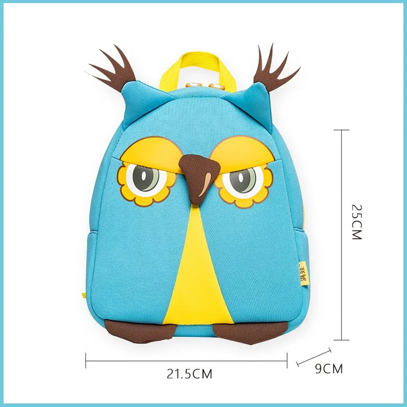 Cute Owl Kids Backpack — 3D Neoprene Cartoon Toddler School Bag, Light Blue