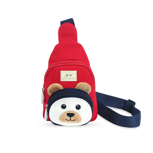 Bear Canvas Kids Crossbody Chest Bag — 12oz Cotton Casual Toddler Sling Pack, 3D Cartoon Animal Design