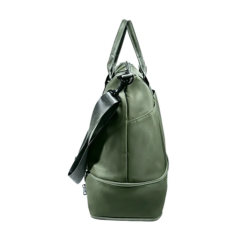 Expandable Travel Tote Bag with Luggage Sleeve — 24L to 32L Olive Green Weekender Duffel - Detail View 3 - Driulug supplier