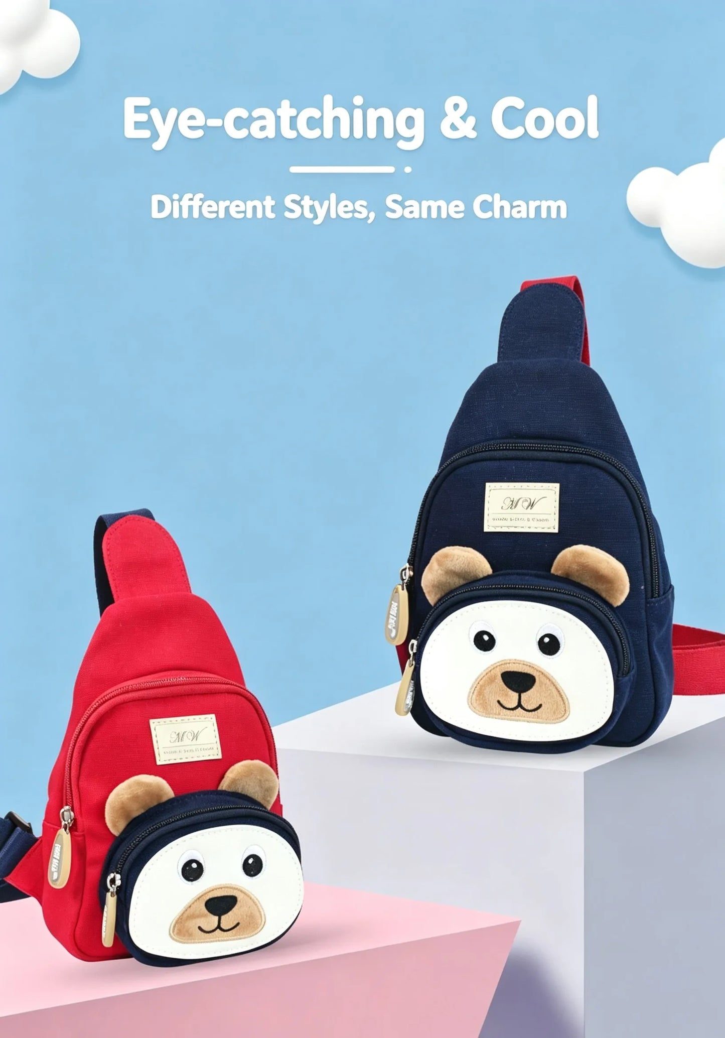 Bear Canvas Kids Crossbody Chest Bag — 12oz Cotton Casual Toddler Sling Pack, 3D Cartoon Animal Design