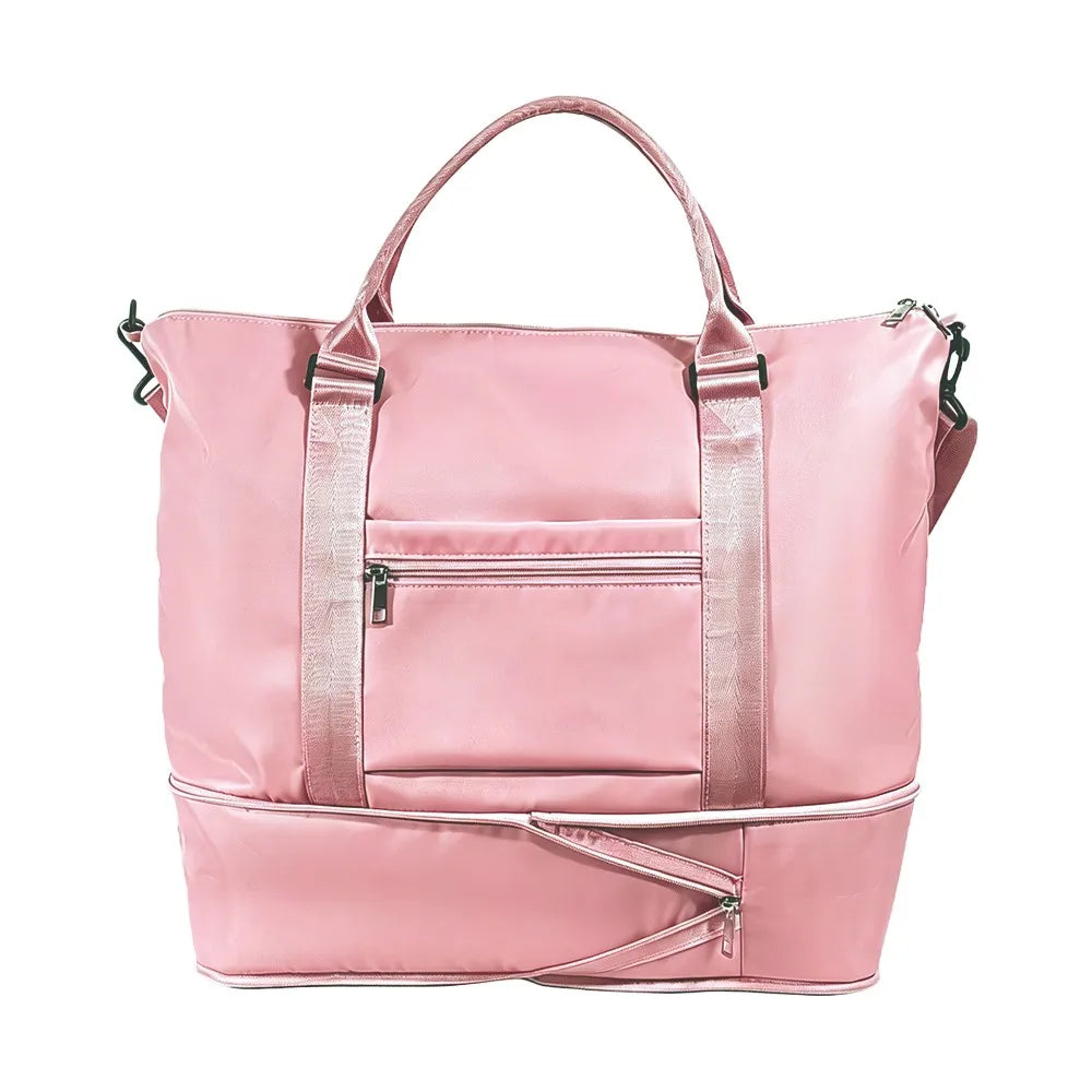 Expandable Travel Tote Bag with Luggage Sleeve — 24L to 32L Light Pink Weekender Duffel - Detail View 2 - Driulug supplier