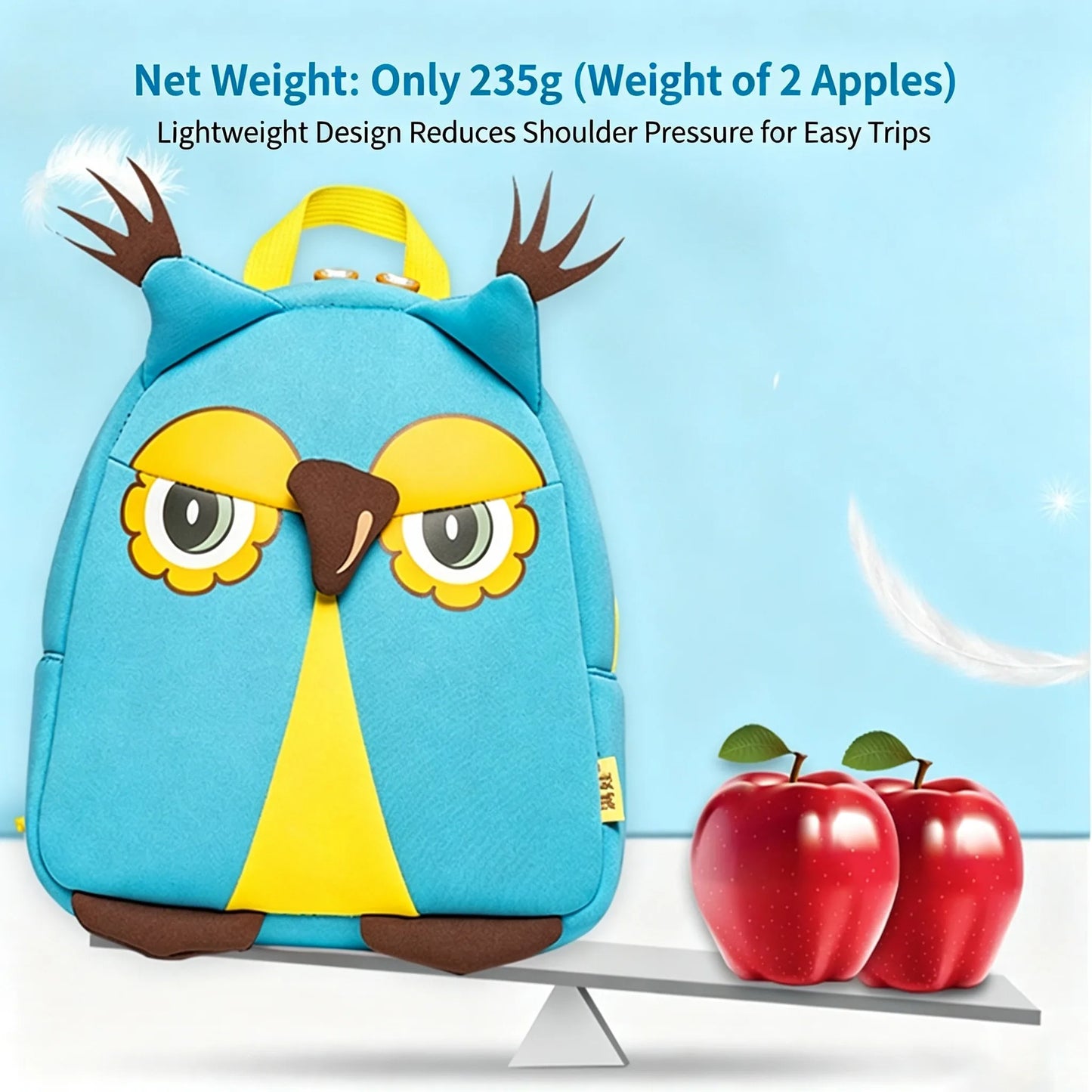 Cute Owl Kids Backpack — 3D Neoprene Cartoon Toddler School Bag, Light Blue