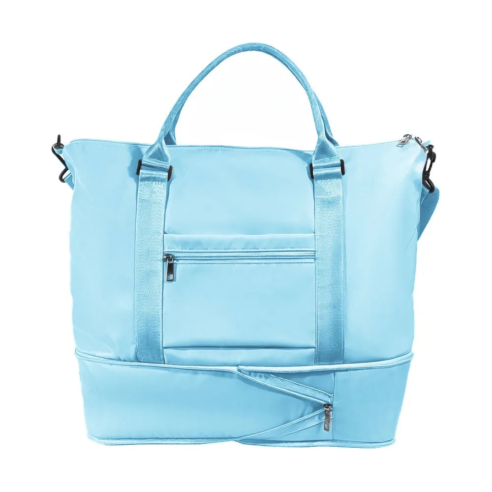 Expandable Travel Tote Bag with Luggage Sleeve — 24L to 32L Light Blue Weekender Duffel - Detail View 2 - Driulug supplier