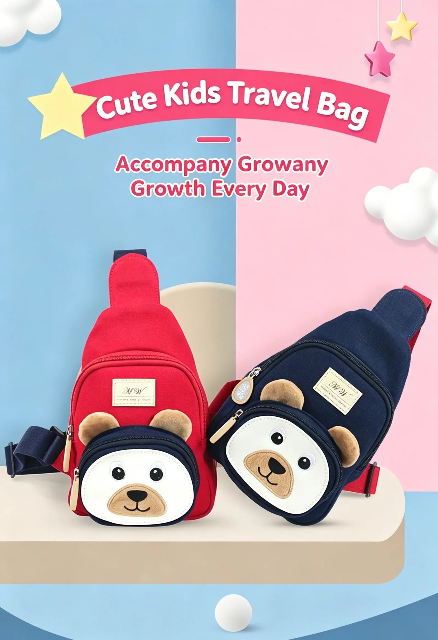 Bear Canvas Kids Crossbody Chest Bag — 12oz Cotton Casual Toddler Sling Pack, 3D Cartoon Animal Design