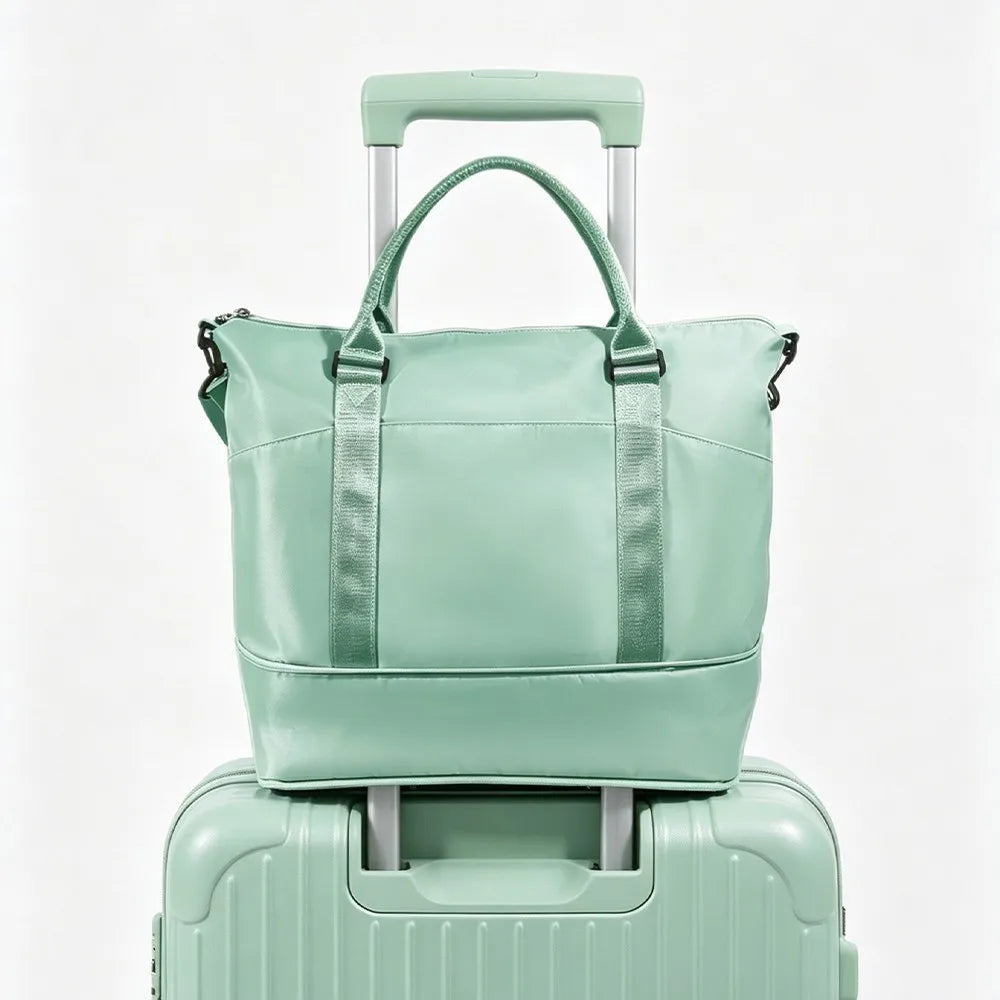 Expandable Travel Tote Bag with Luggage Sleeve — 24L to 32L Light Pink Weekender Duffel - Detail View 7 - Driulug supplier