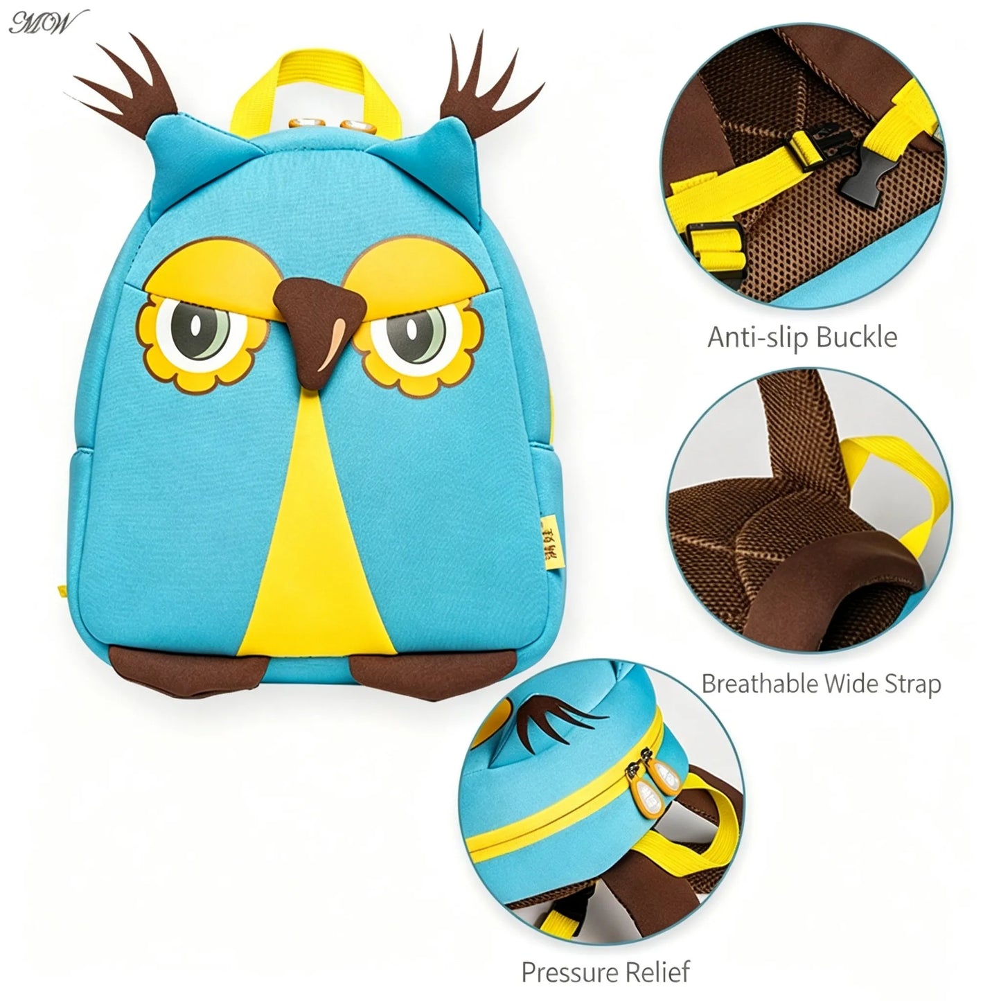 Cute Owl Kids Backpack — 3D Neoprene Cartoon Toddler School Bag, Light Blue