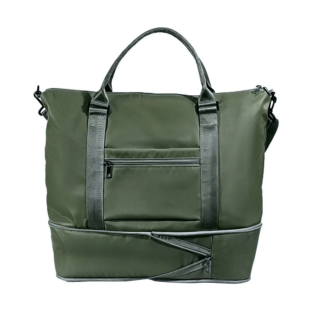 Expandable Travel Tote Bag with Luggage Sleeve — 24L to 32L Olive Green Weekender Duffel - Detail View 2 - Driulug supplier