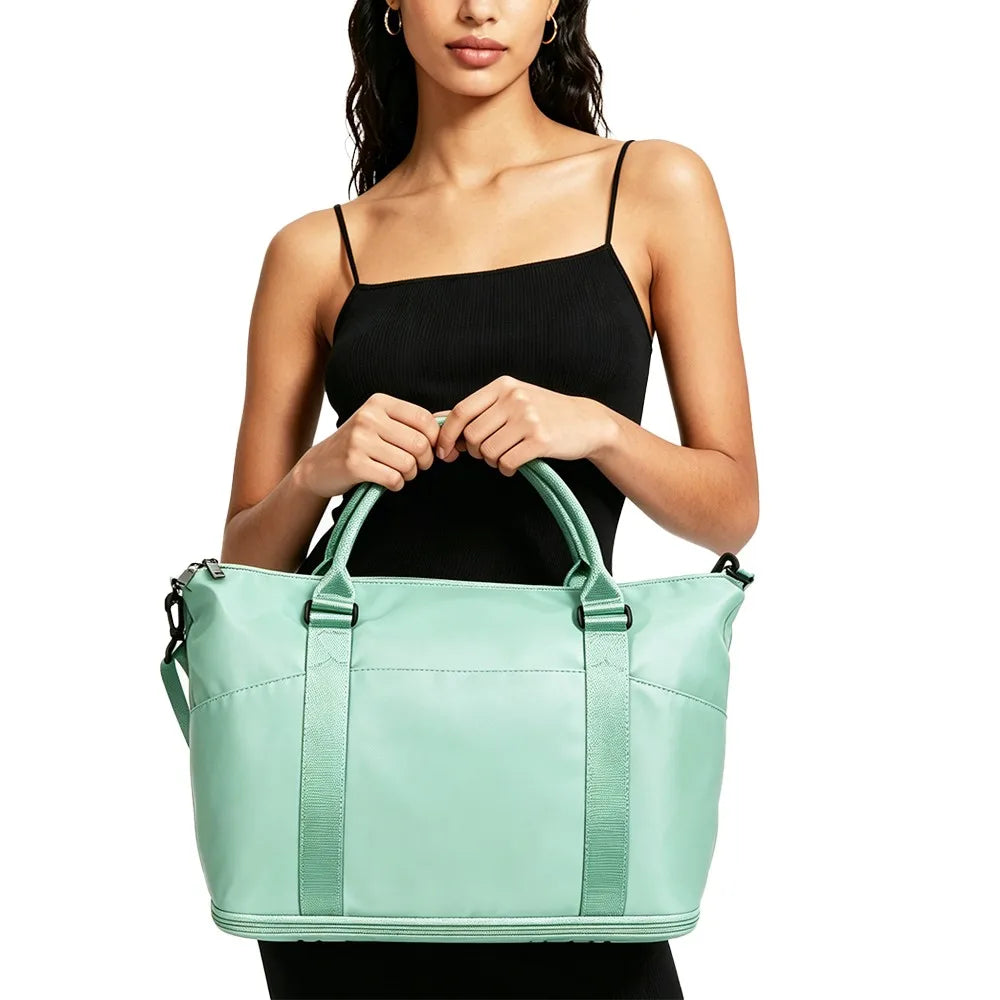 Expandable Travel Tote Bag with Luggage Sleeve — 24L to 32L Light Blue Weekender Duffel - Detail View 9 - Driulug supplier