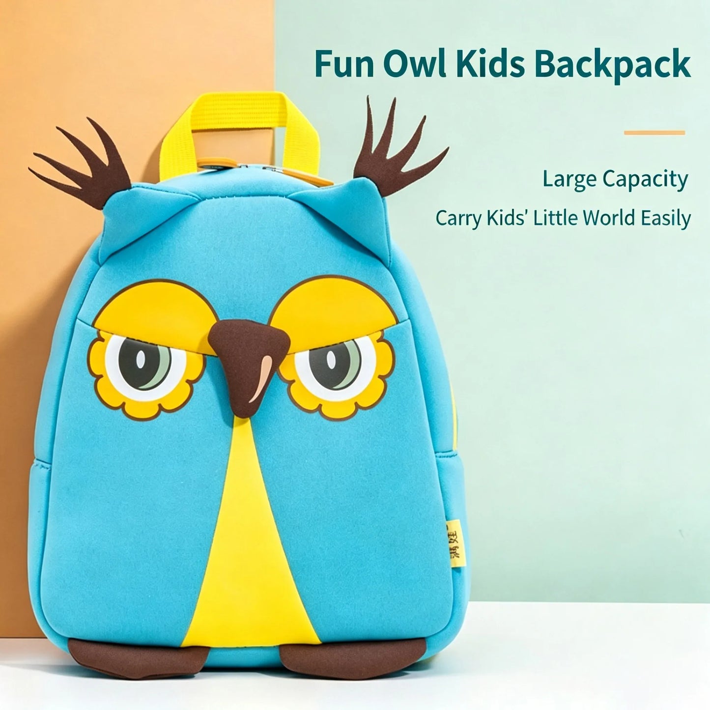 Cute Owl Kids Backpack — 3D Neoprene Cartoon Toddler School Bag, Light Blue