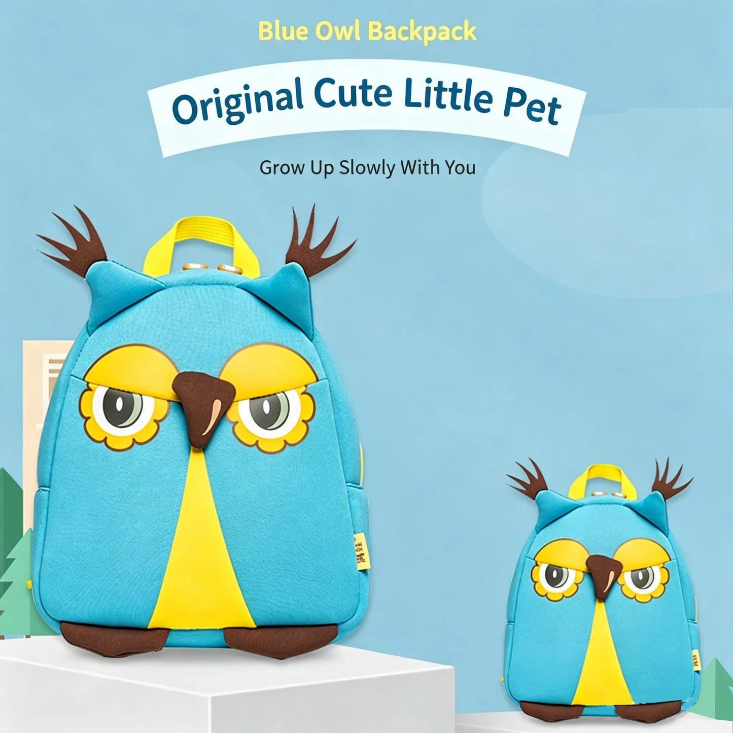Cute Owl Kids Backpack — 3D Neoprene Cartoon Toddler School Bag, Light Blue