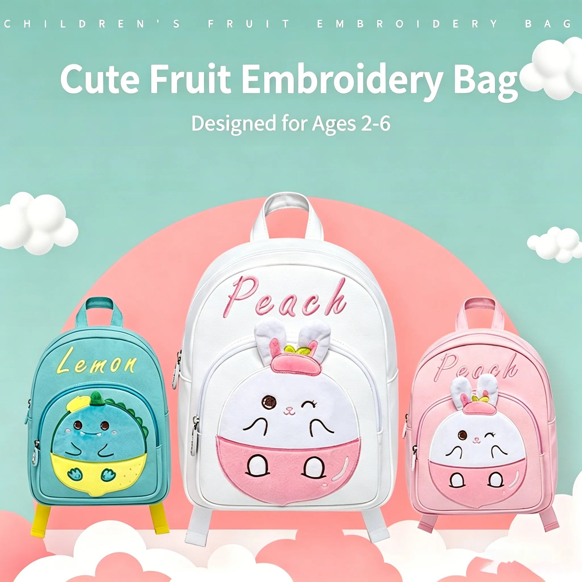 Cute Peach Bunny Kids Backpack — Fruit E — Detail View 9 — Driulug Supplier