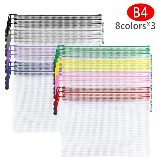 24-Pack Mesh Zipper Bags - B4 Size | 8 Colors Waterproof PVC Document Organizer for Office, School, Travel, Puzzle & Craft Storage - Main View - Driulug supplier
