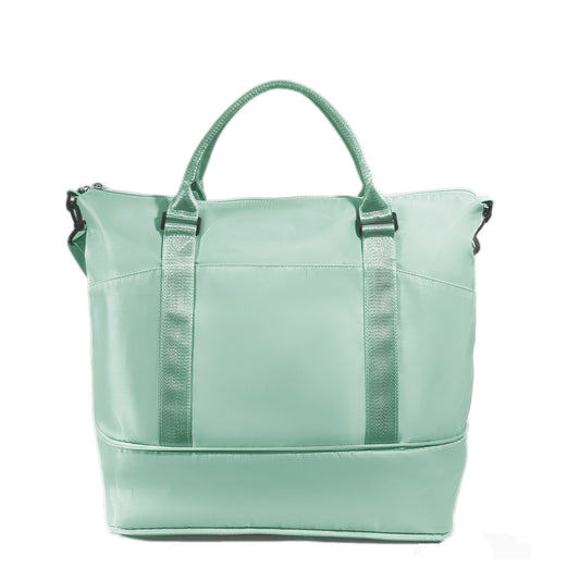 Expandable Travel Tote Bag with Luggage Sleeve — 24L to 32L Mint Green Weekender Duffel - Front View - Driulug travel bag supplier